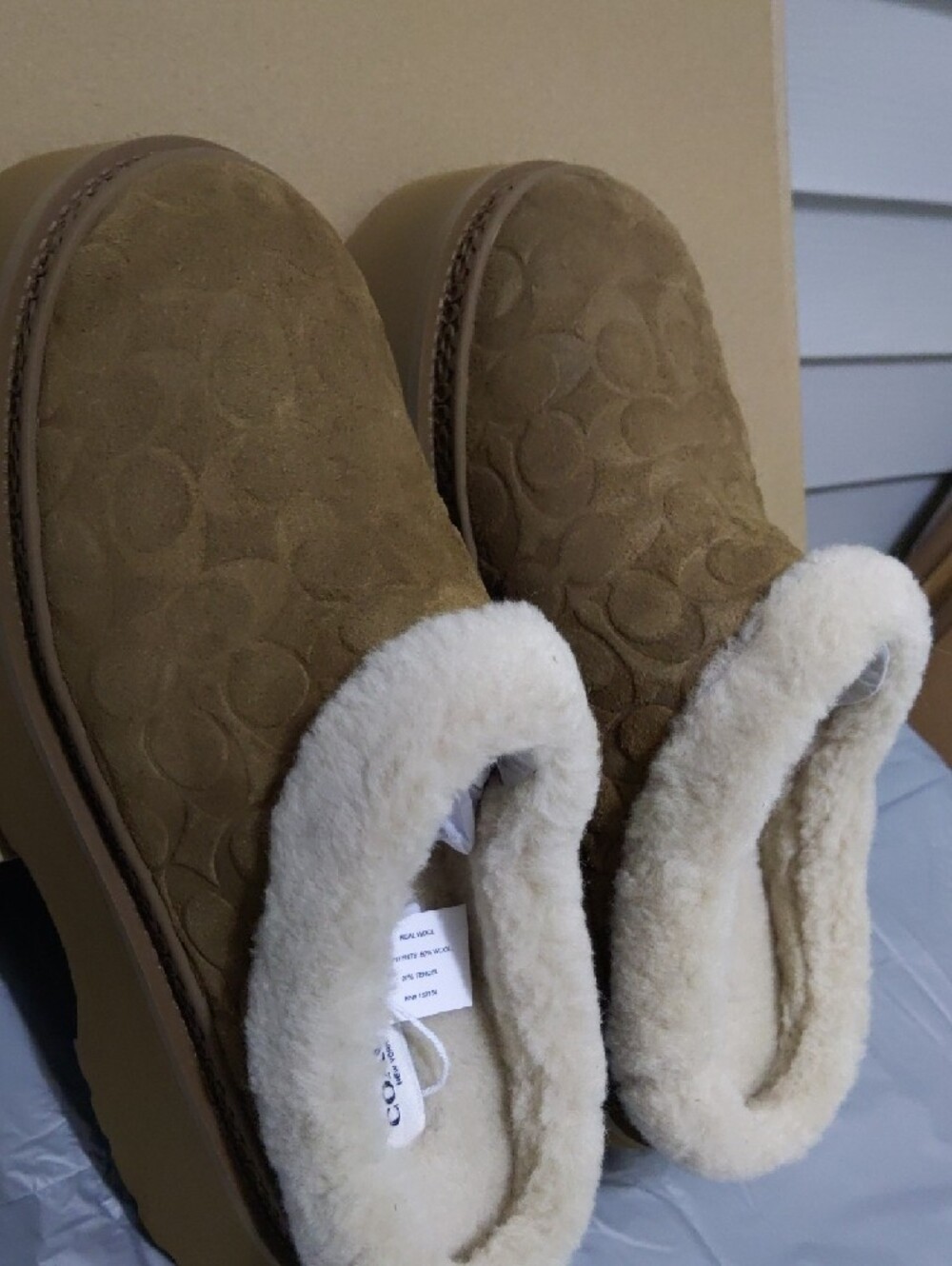 Coach Tan Suede Mule Clogs with Cream Shearling Trim